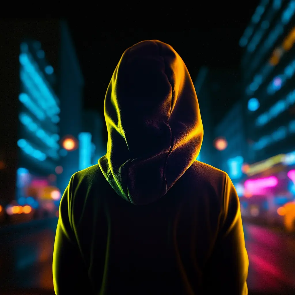 Hooded figure facing a neon-lit city at night